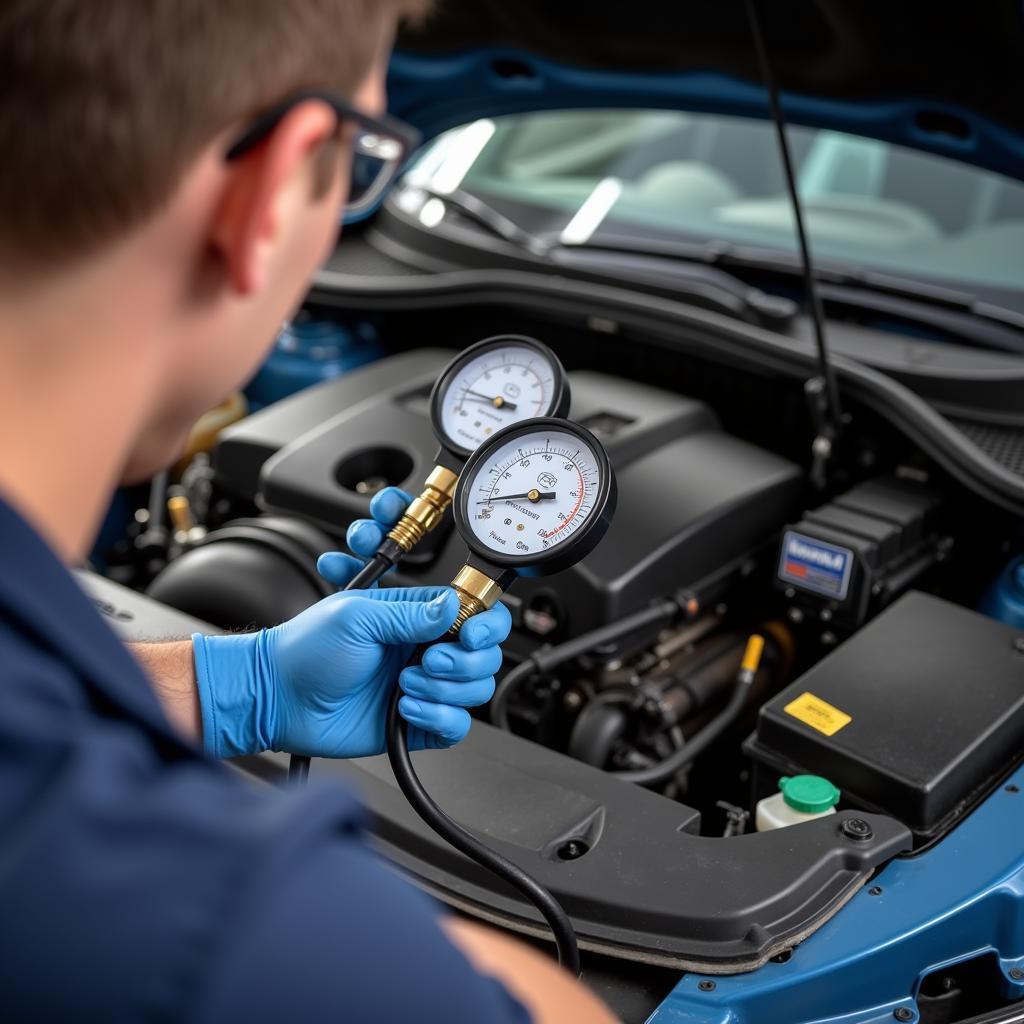 Car AC Service Technician Checking Refrigerant Levels