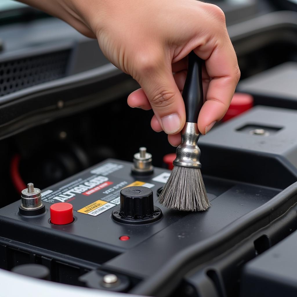 Maintaining a car battery, cleaning terminals