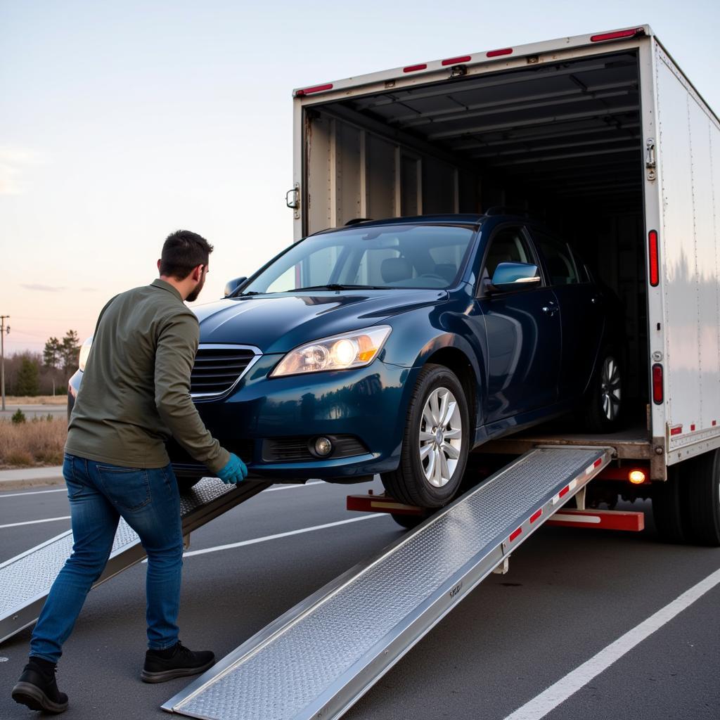 Car being loaded onto a car transport truck using a ramp