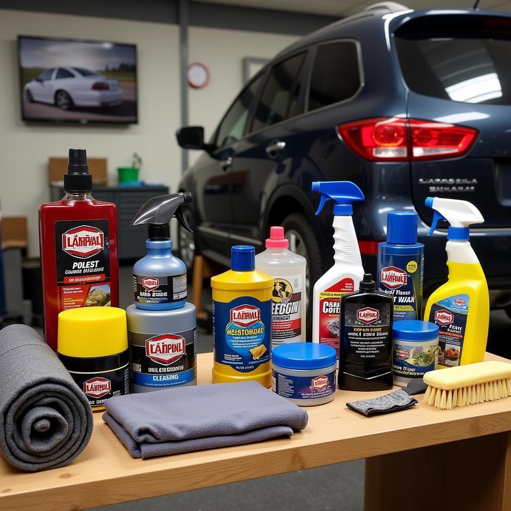 Various car cleaning products and tools arranged on a table.