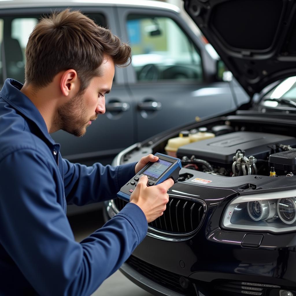 Mechanic Using Diagnostic Tools on a Car in Brook Park Ohio