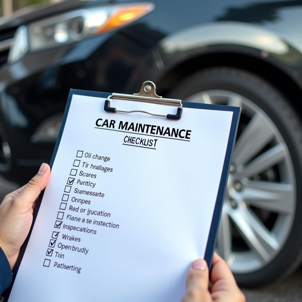 Checklist on a clipboard with a car in the background highlighting preventative maintenance