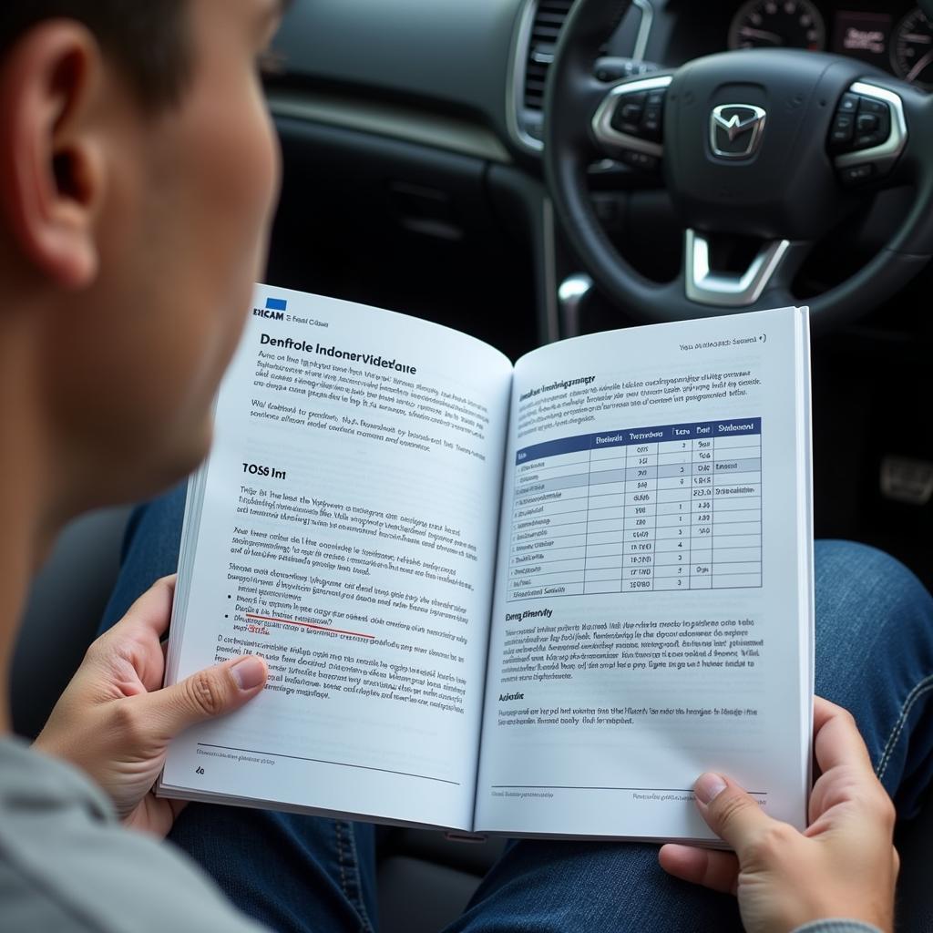 Checking car maintenance schedule in the owner's manual.