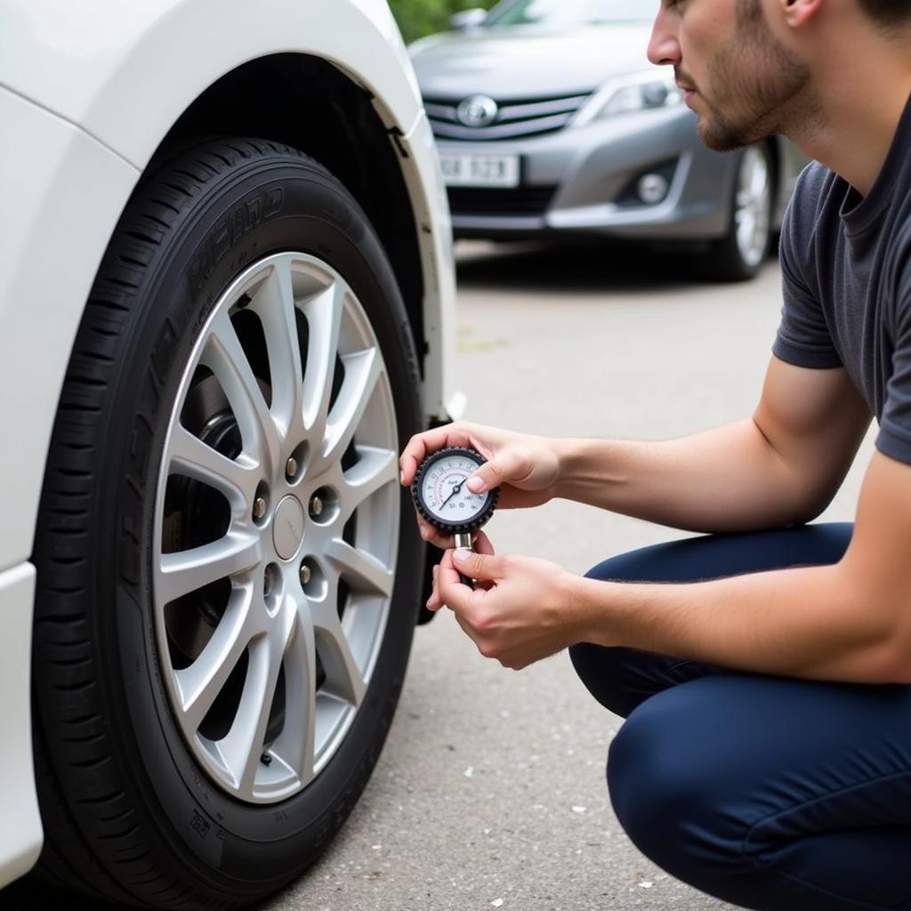 Person Checking Car Tire Pressure