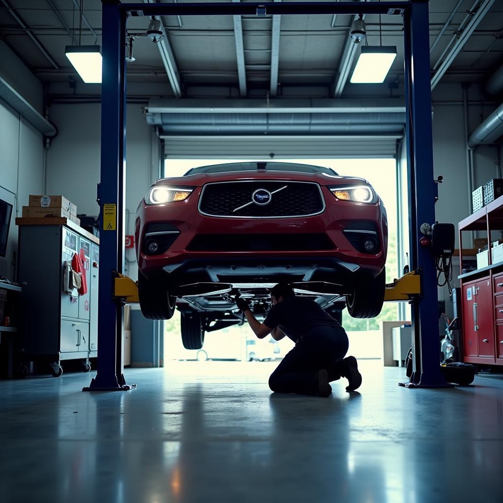 Car on a lift undergoing maintenance