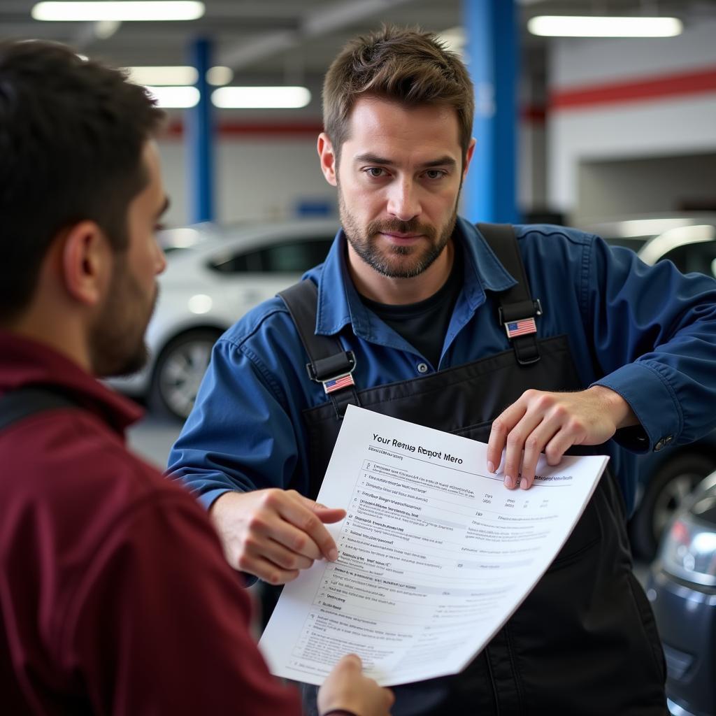 Car Owner Reviewing Service Report with Mechanic