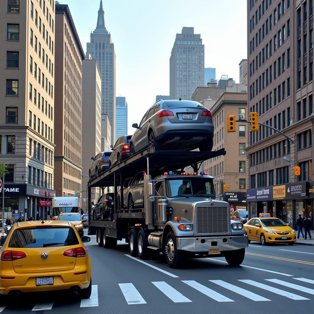 Car transport truck navigating the busy streets of New York City