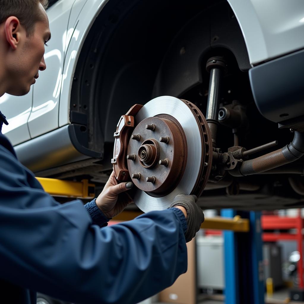 Car Undergoing Brake Inspection