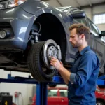 Car Undergoing Routine Maintenance Checkup in a Garage