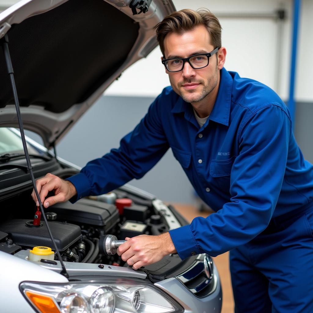 Mechanic diligently working on a car engine at a Carters Auto Service center.