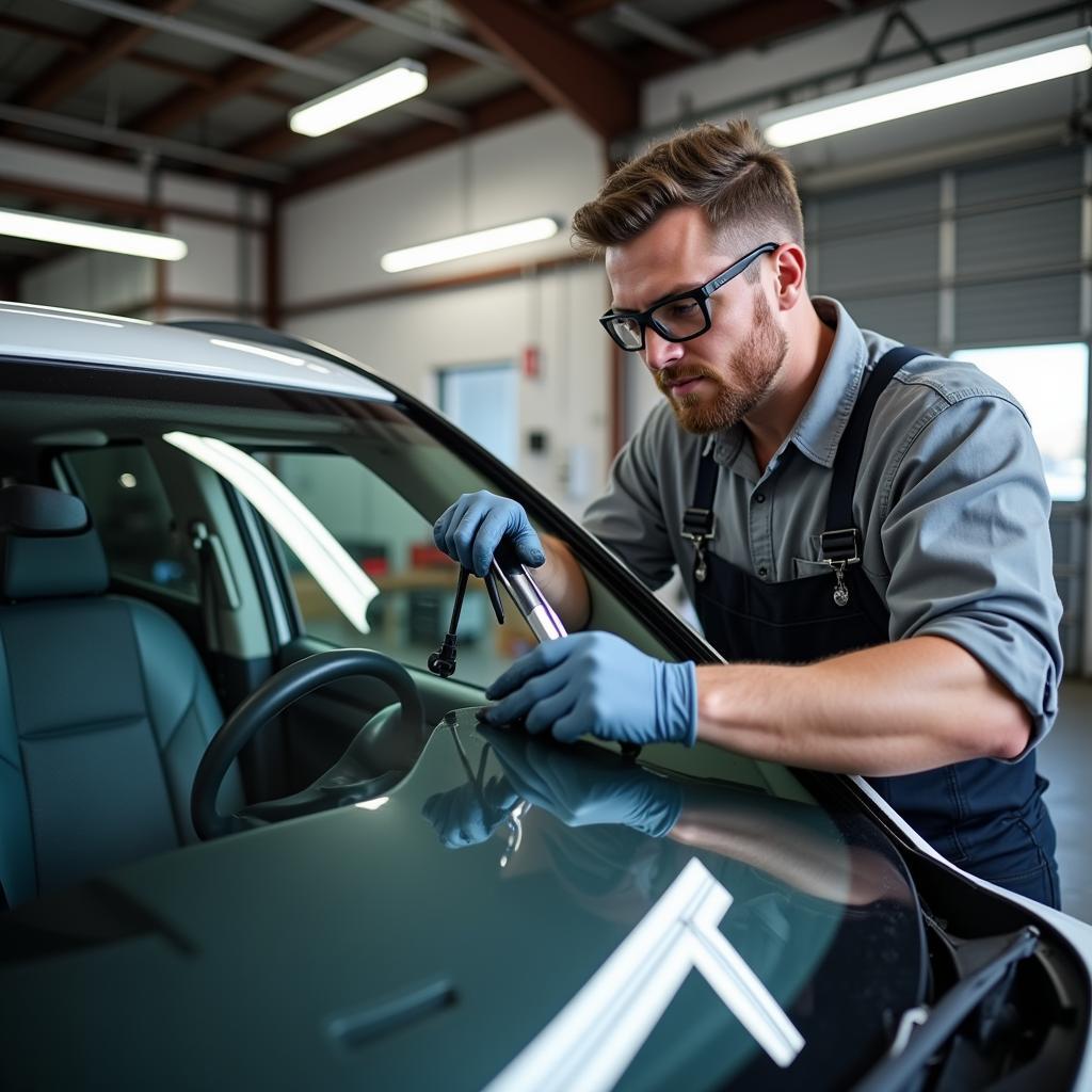 Certified Auto Glass Technician Working on a Windshield in Knoxville