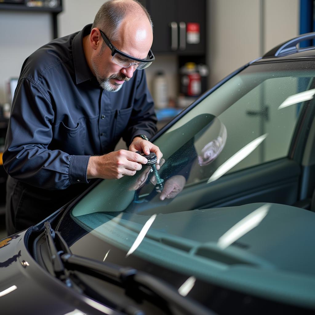 Certified auto glass technician working on a vehicle in Tumwater