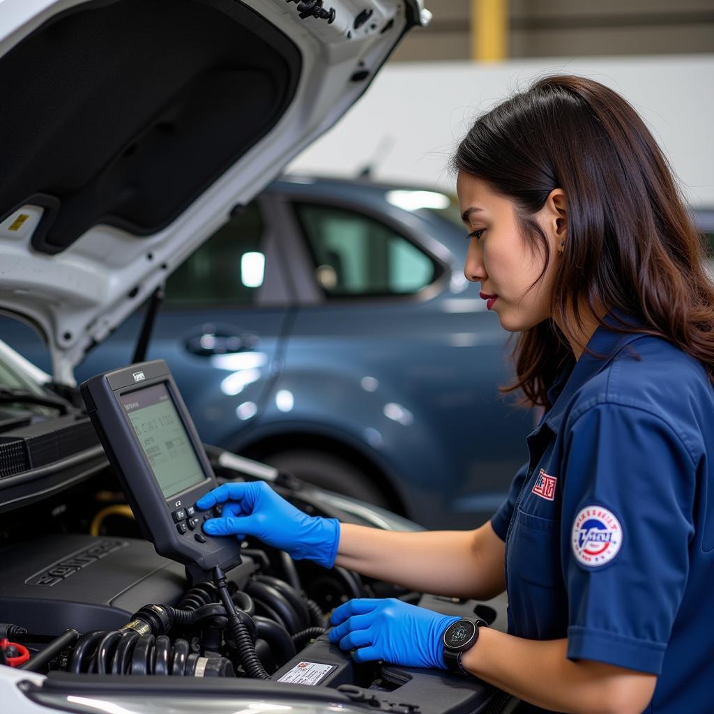 Certified Auto Mechanic diagnosing a car engine.