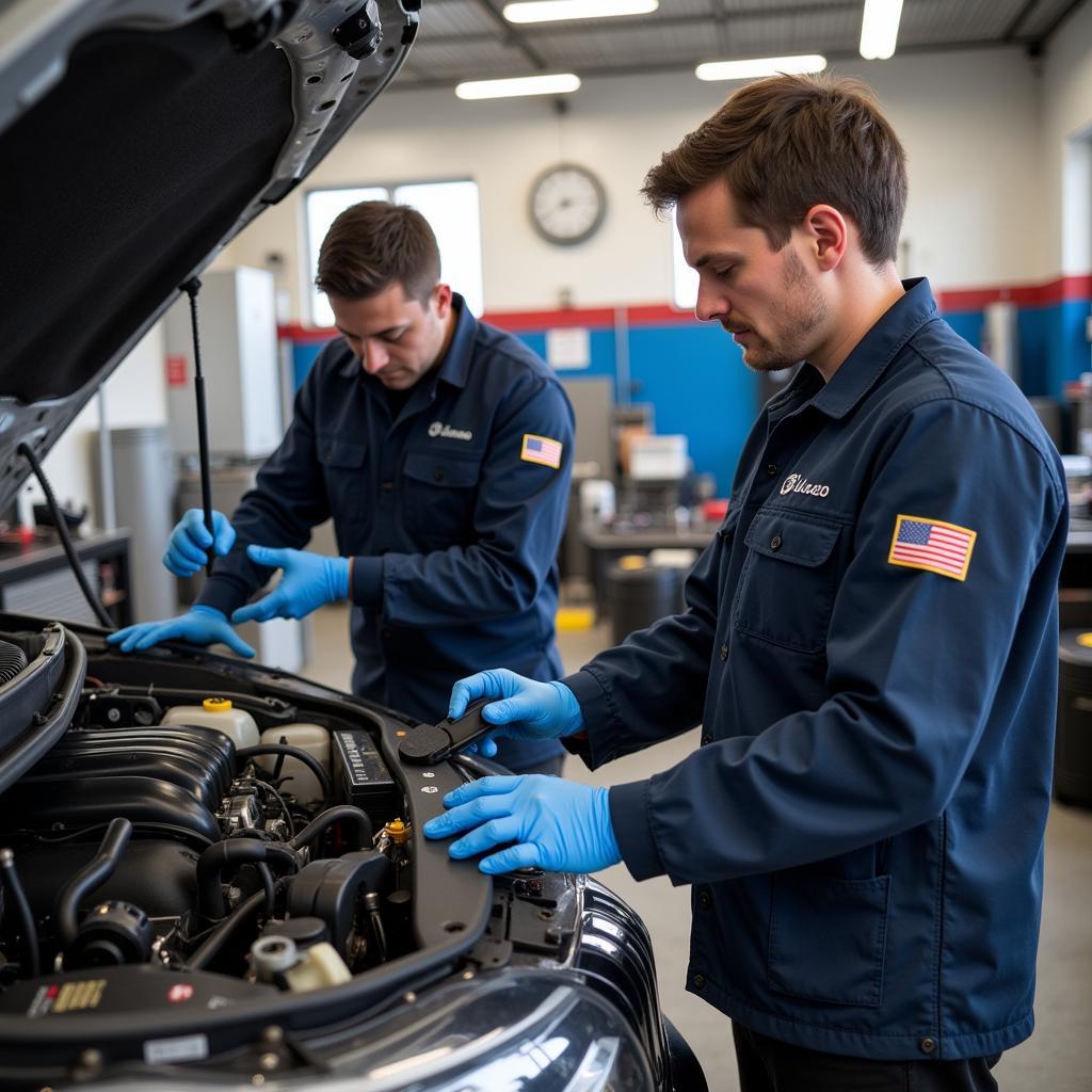 Certified auto service technicians working on a car engine