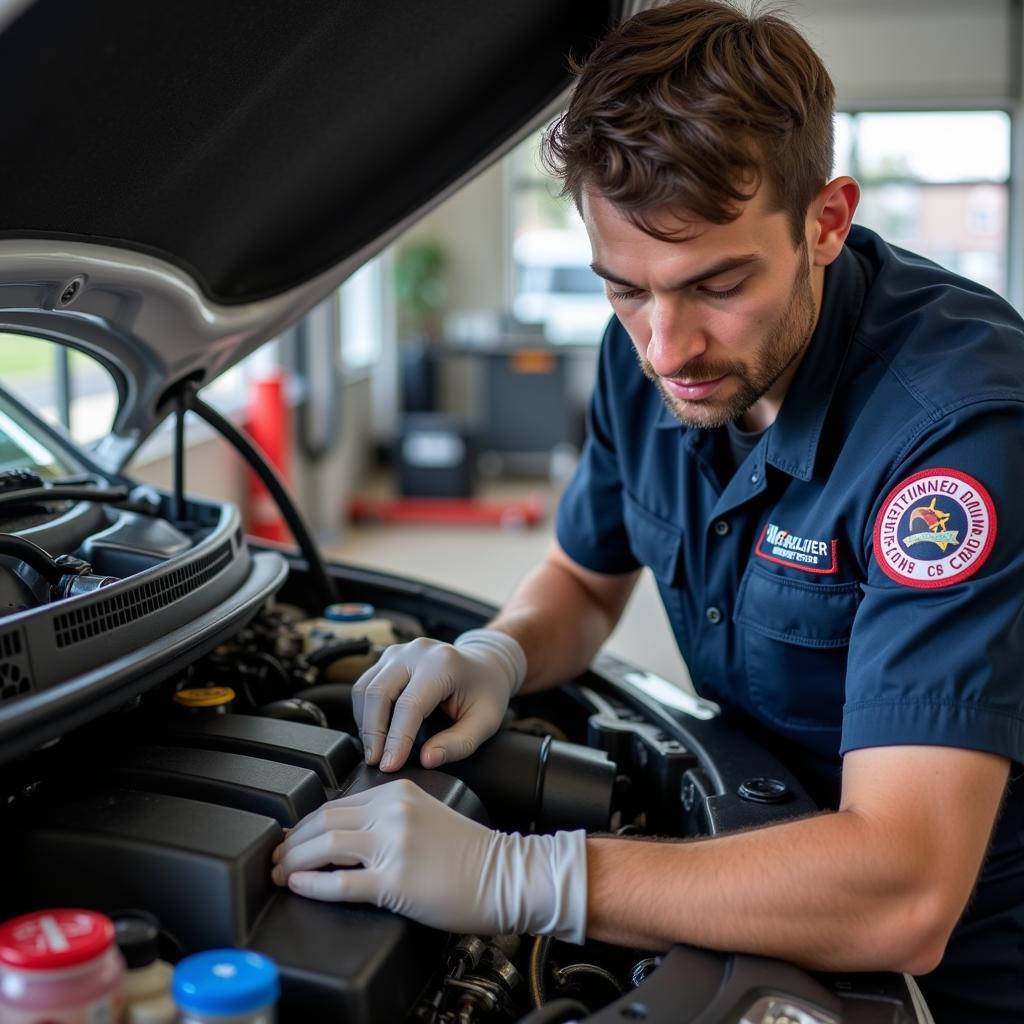 ASE Certified Auto Technician Working on a Car Engine