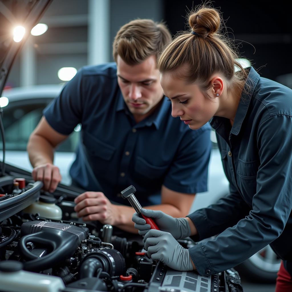 A certified auto technician working on a car engine in a modern, well-equipped auto service center.