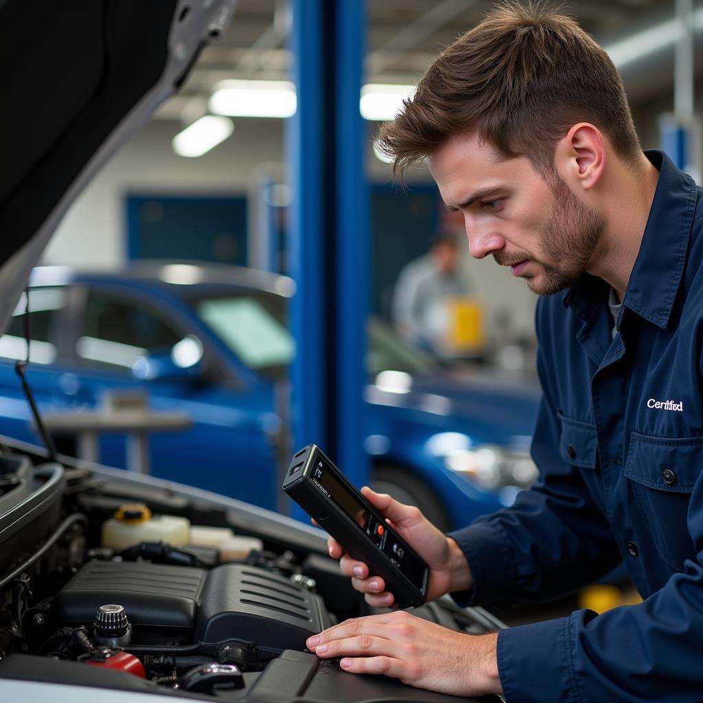 Certified Auto Technician Using Diagnostic Equipment