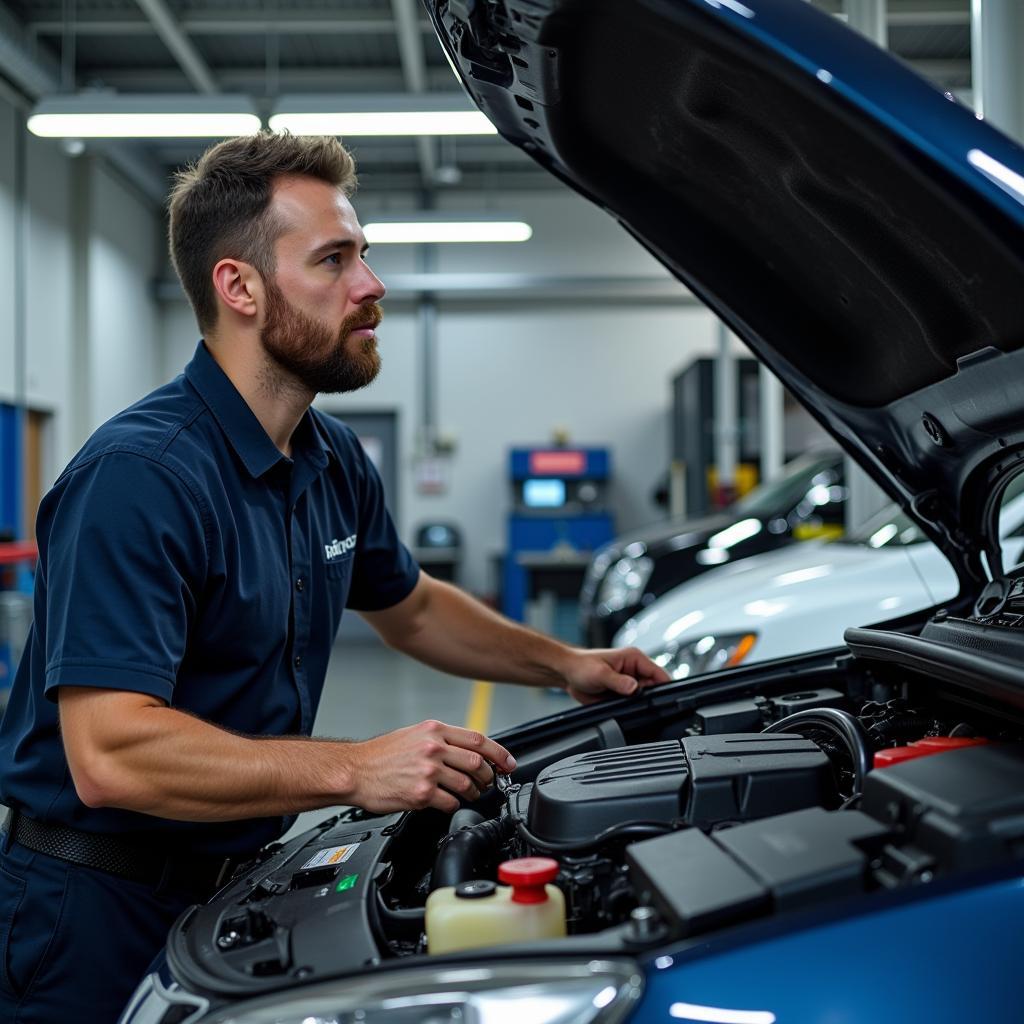 Certified auto technician working on a car engine using diagnostic tools.