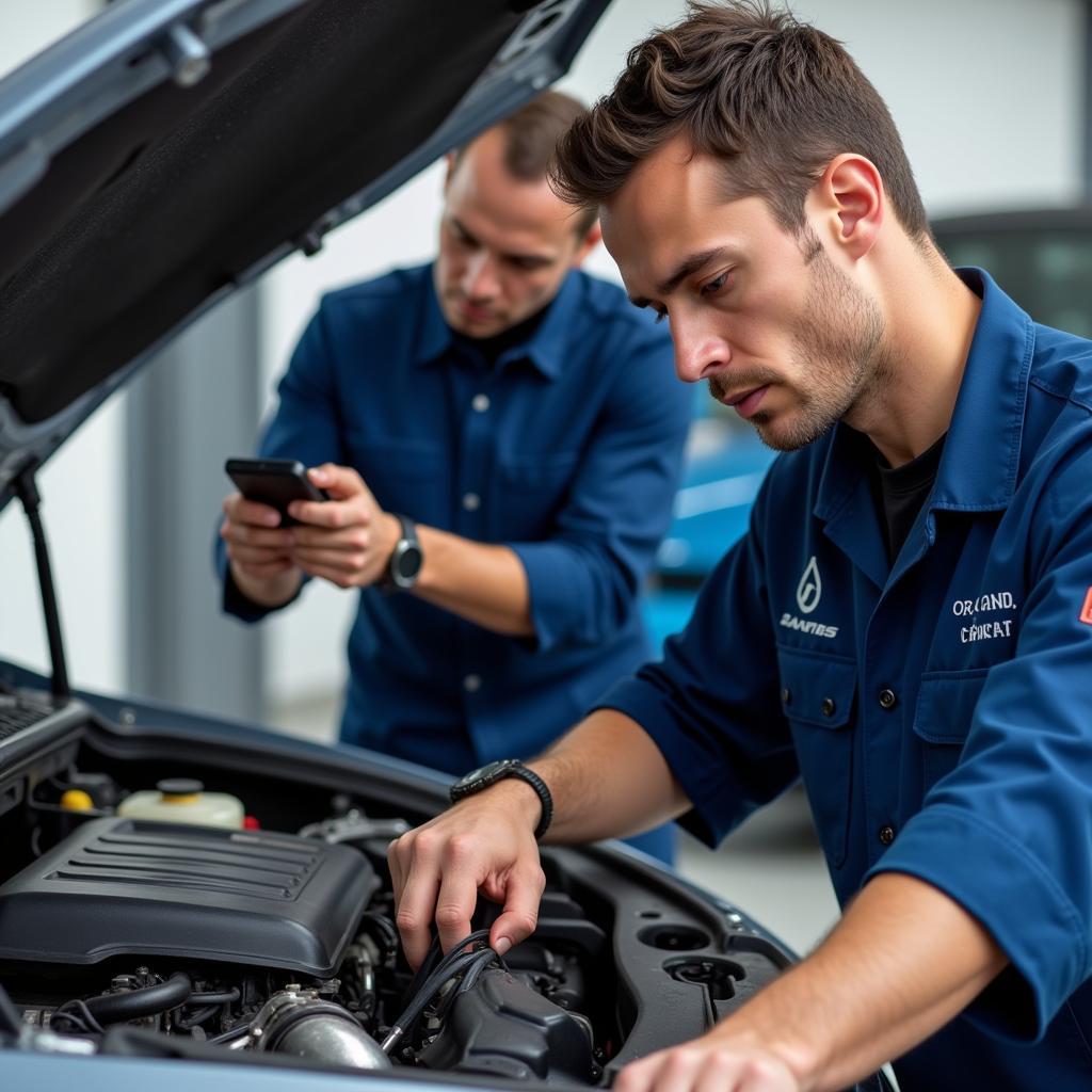 Certified auto technicians working on a car engine