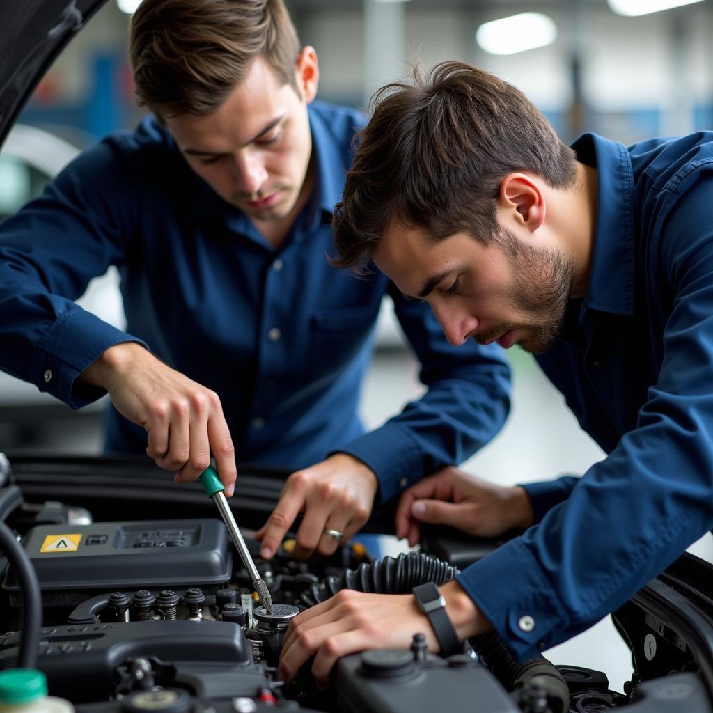 Certified Auto Technicians Working on a Car