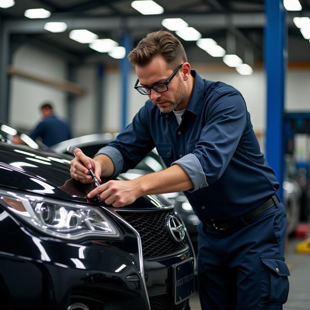 Certified luxury auto technician working on a high-end car.