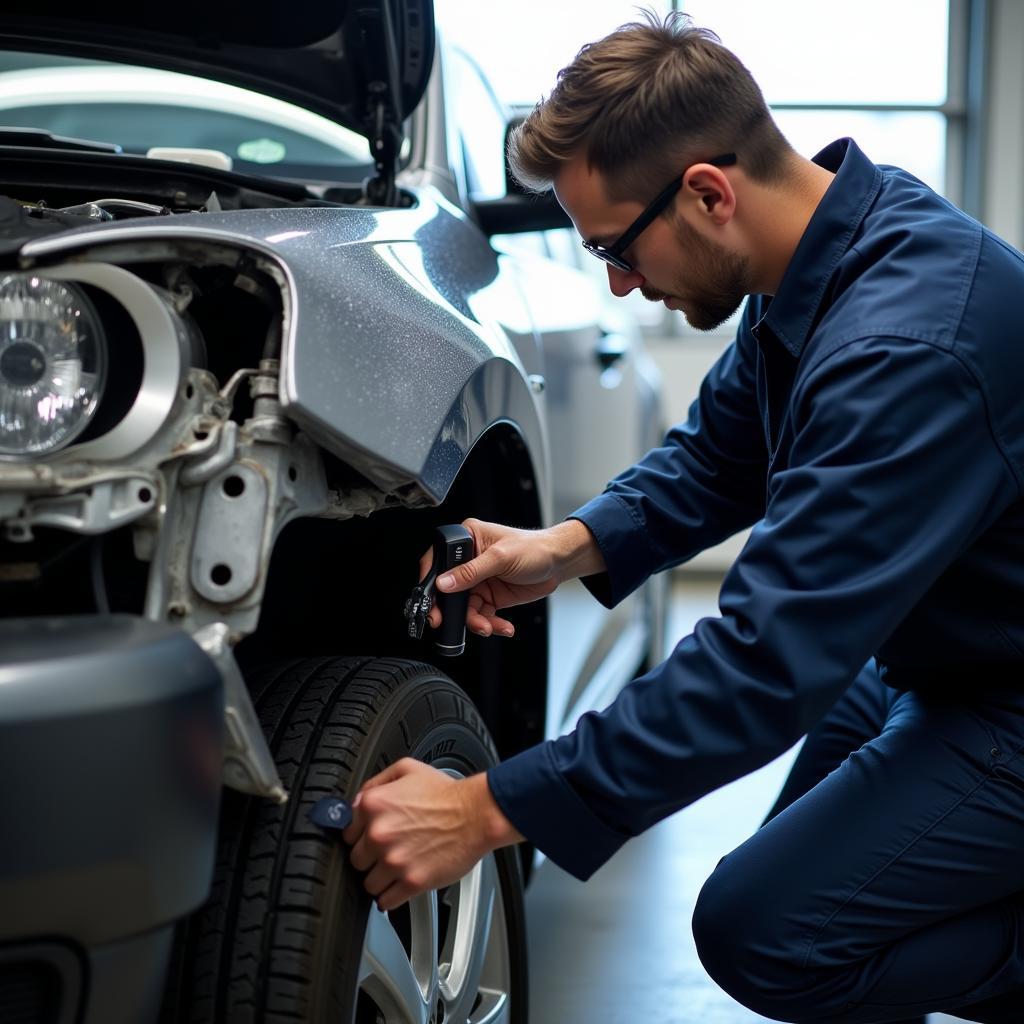 Technician Inspecting Car Damage After Accident