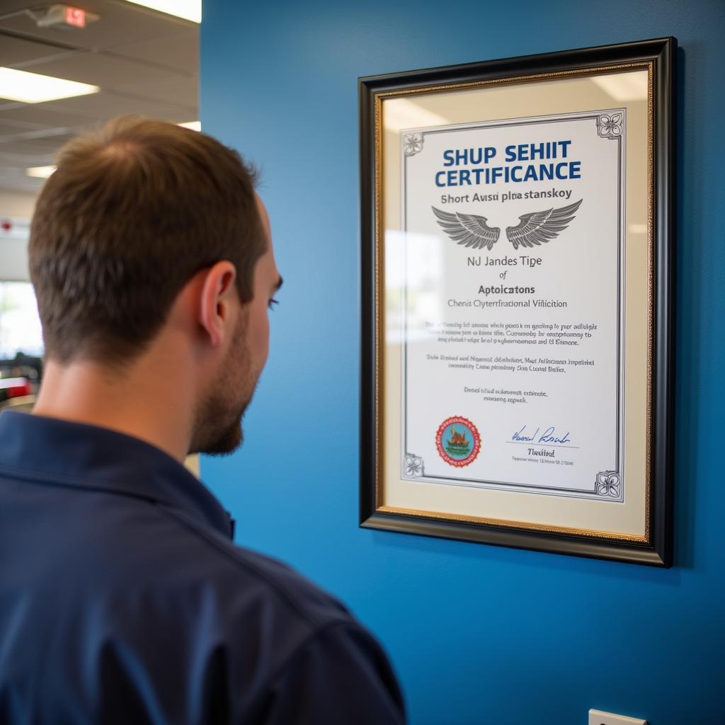 Customer reviewing credentials and certifications of an auto repair shop