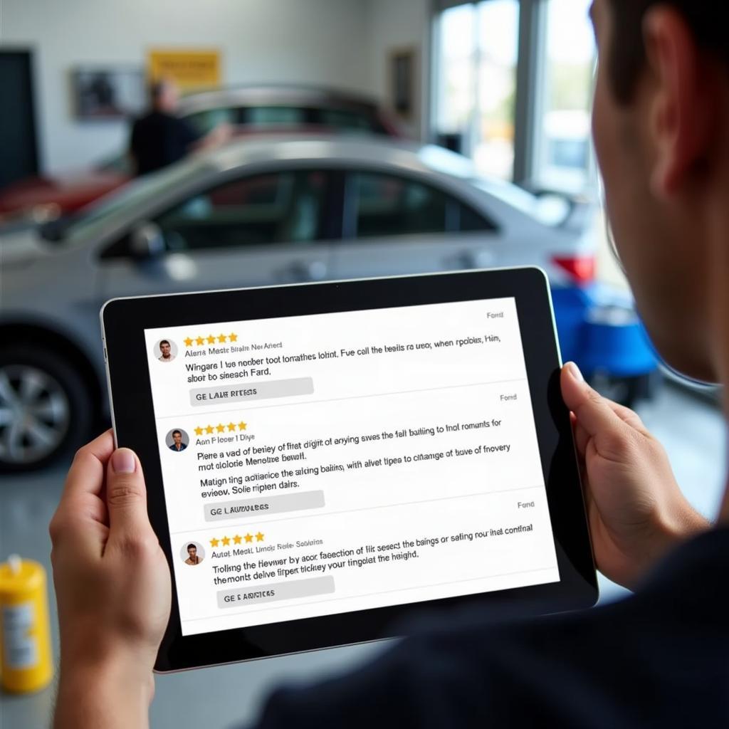 A person is reading online reviews on their tablet to find a reliable auto masters service center.