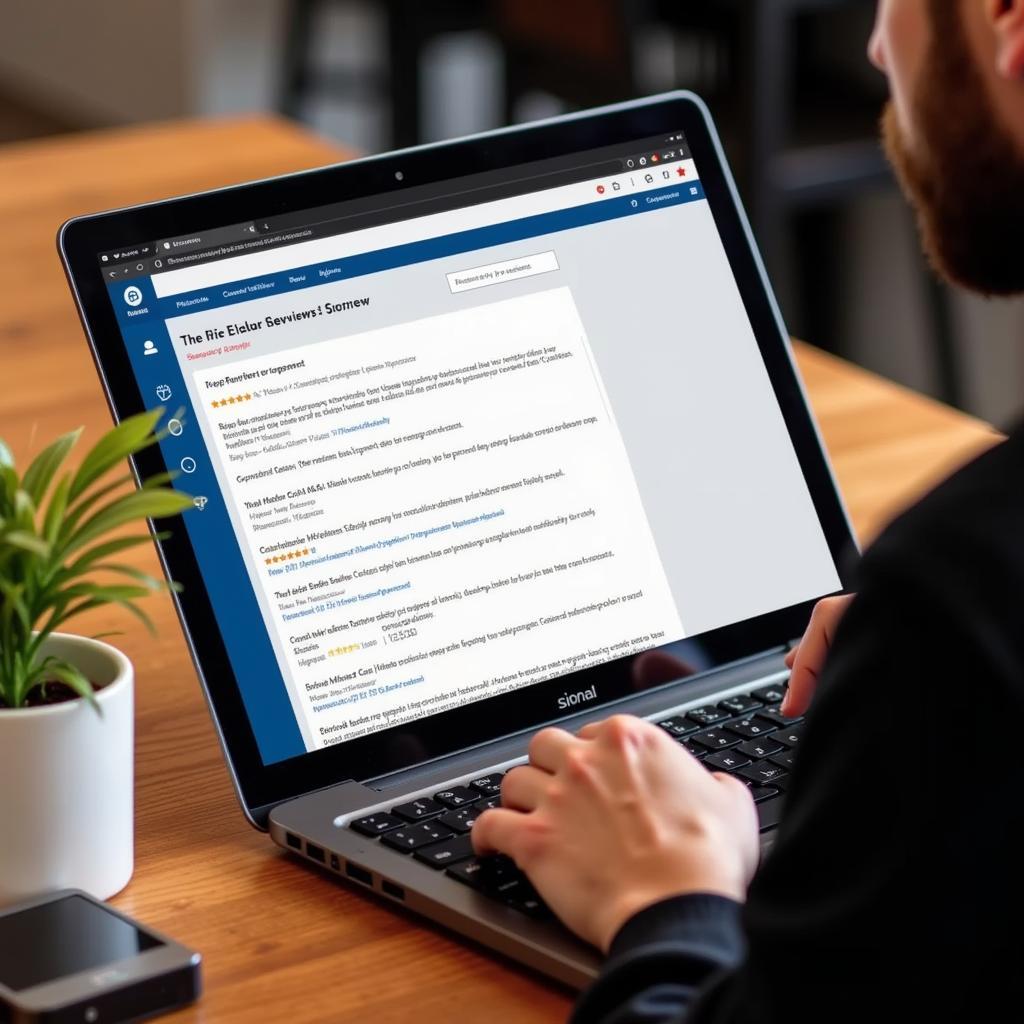 Customer Checking Online Reviews for Auto Service on a Laptop