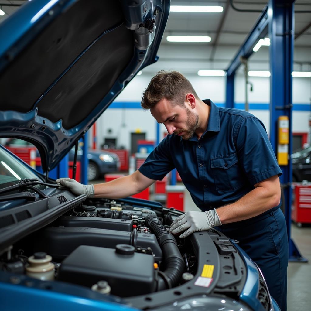 Mechanic working on a car engine in a chip's auto service garage