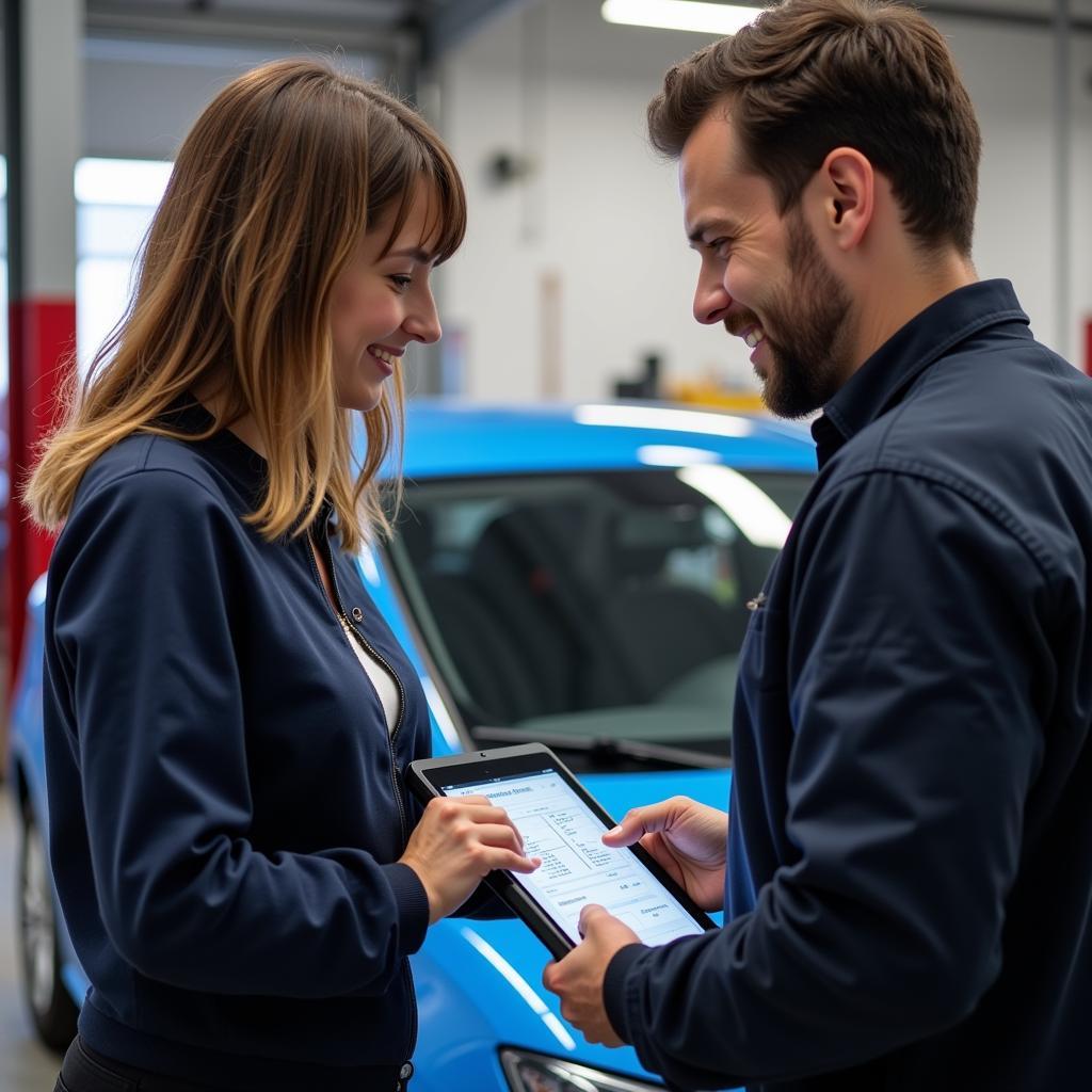 A customer talking to a mechanic in a Lafayette, CA auto shop