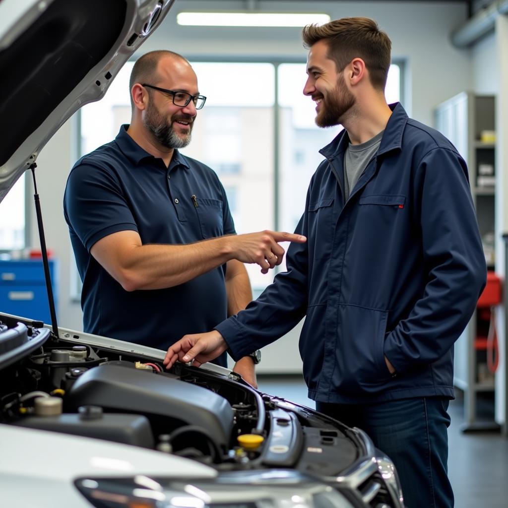 Choosing a Reliable Auto Service Provider: A customer consulting with a knowledgeable mechanic, discussing car maintenance and repair options, emphasizing trust and transparency.