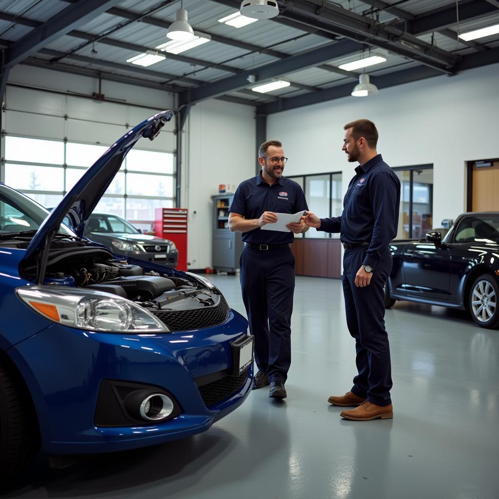 Customer talking to a mechanic in a well-equipped auto service center