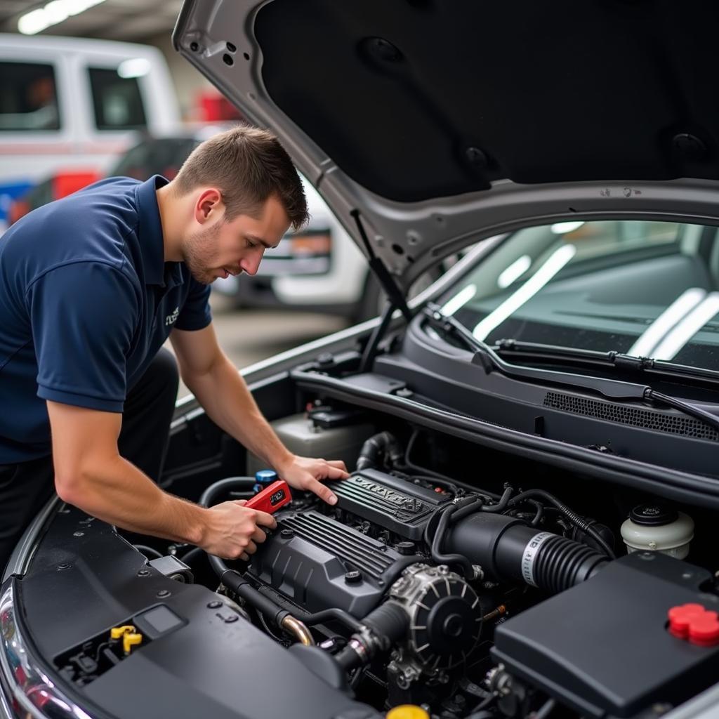 Cincinnati Auto Tune Up Service: A mechanic performing a tune-up on a car engine.