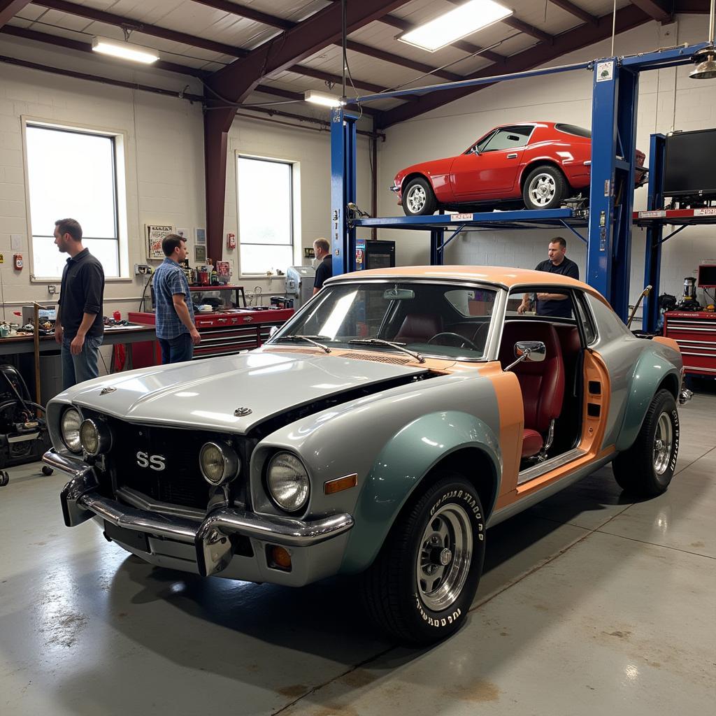 Classic car undergoing restoration in a professional shop in Atlantis, FL