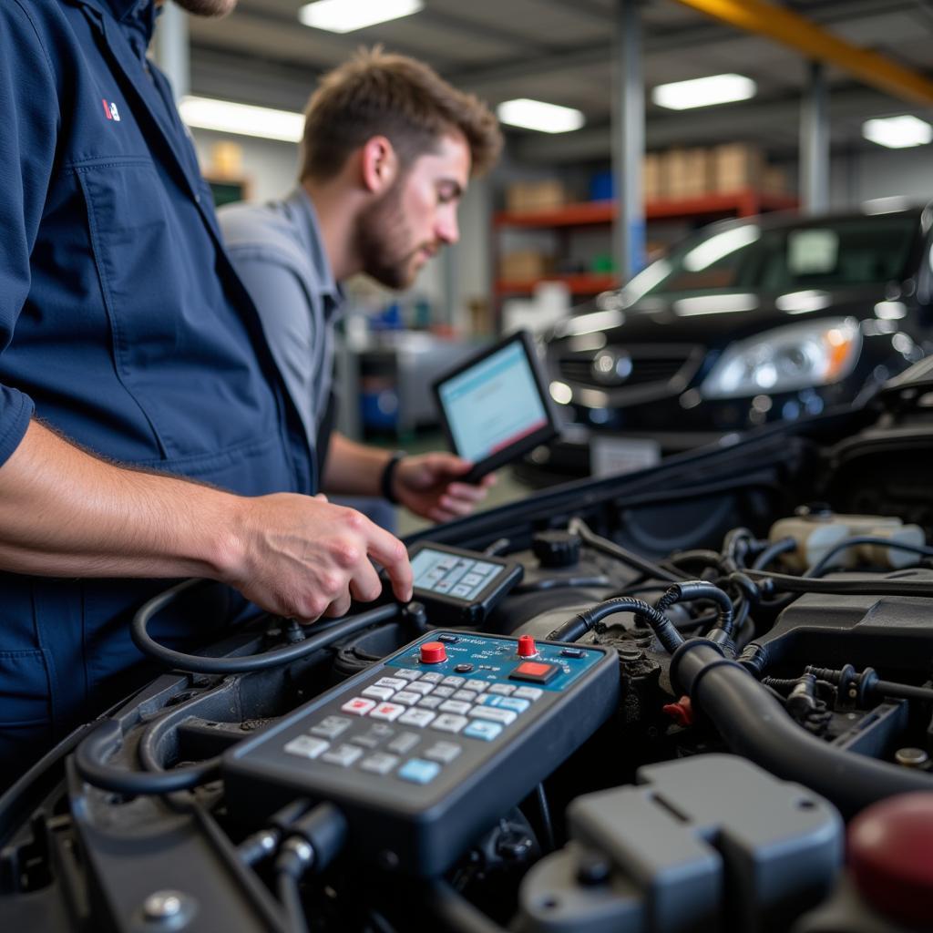 A certified auto service technician performing diagnostics in a Clayton auto repair shop.