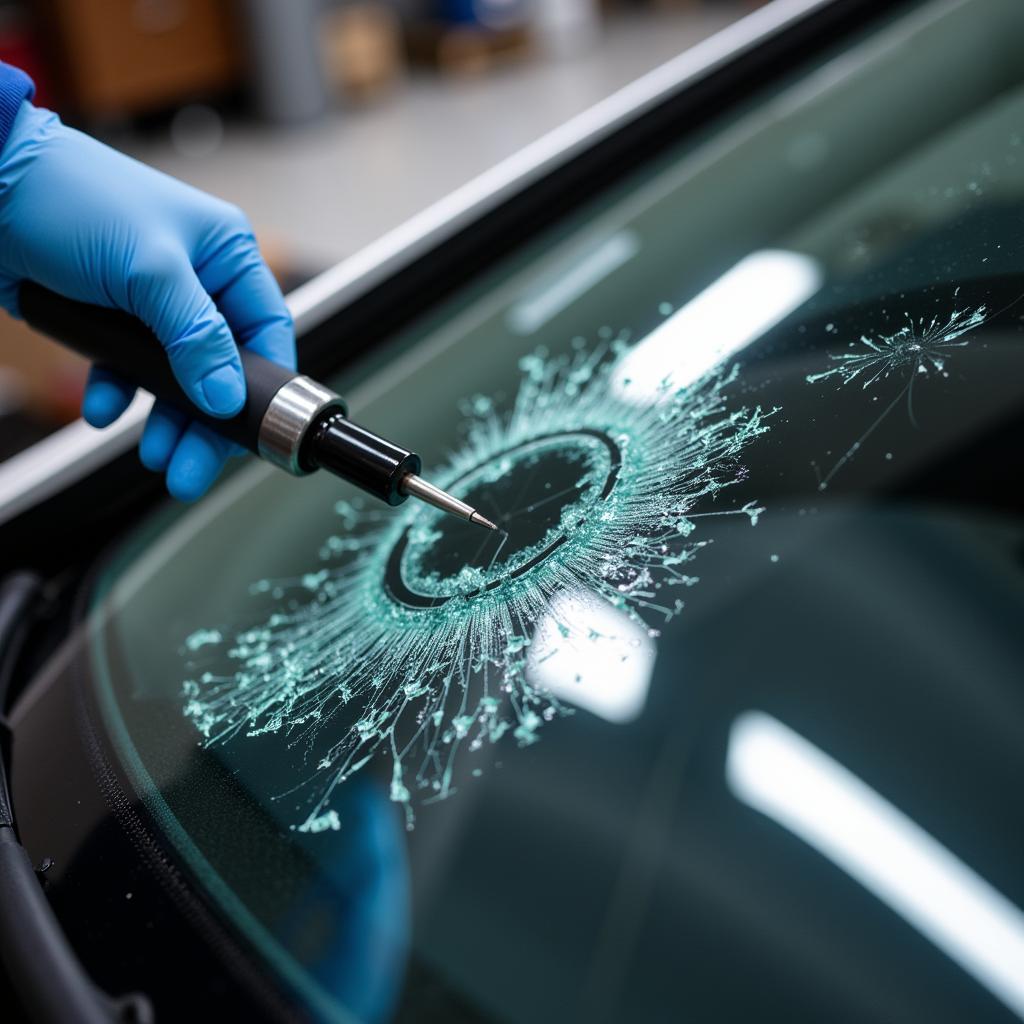 Close-up view of the windshield repair process, showing resin being applied to a crack.