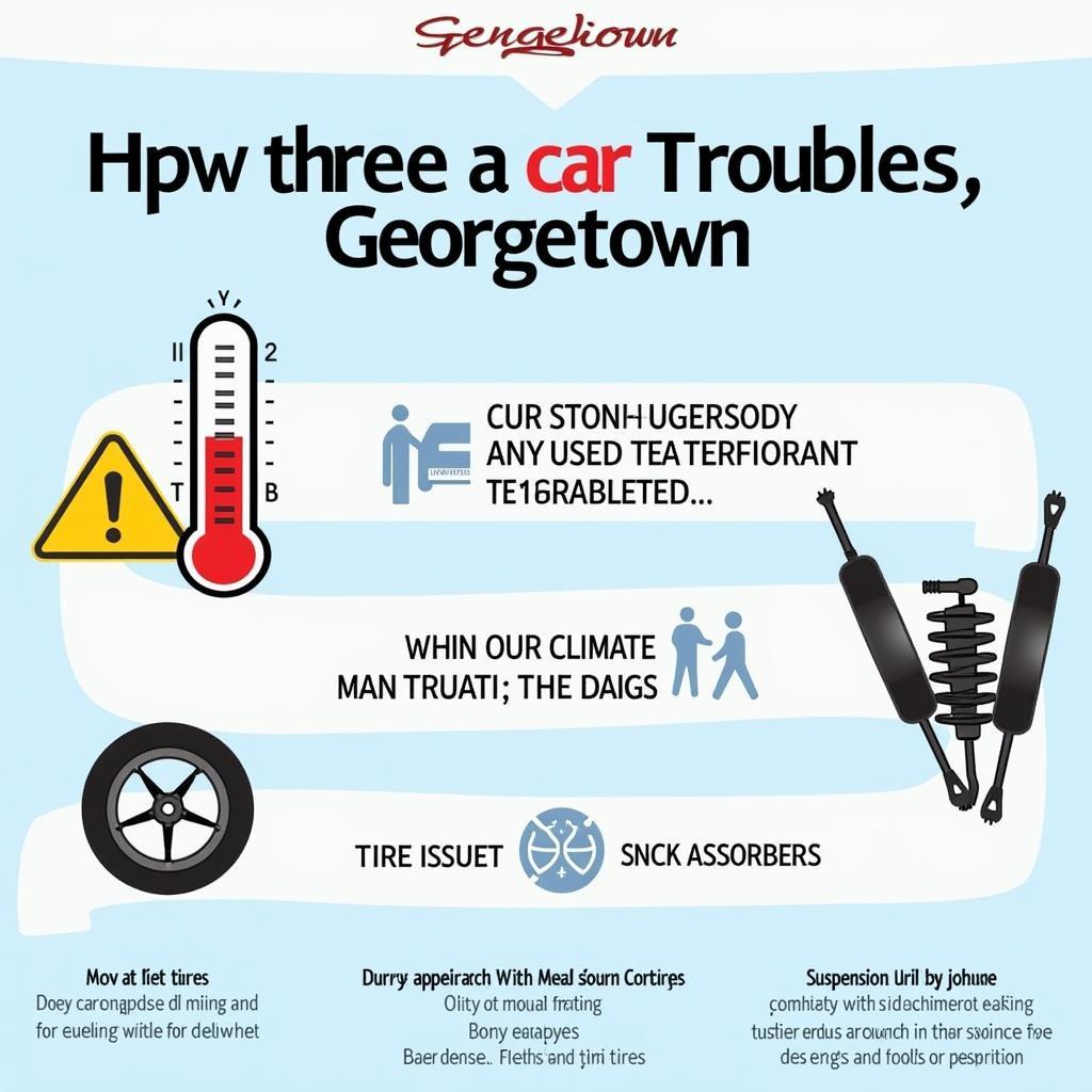 Infographic showing common car problems in Georgetown, TX: overheating, tire issues, and suspension problems.