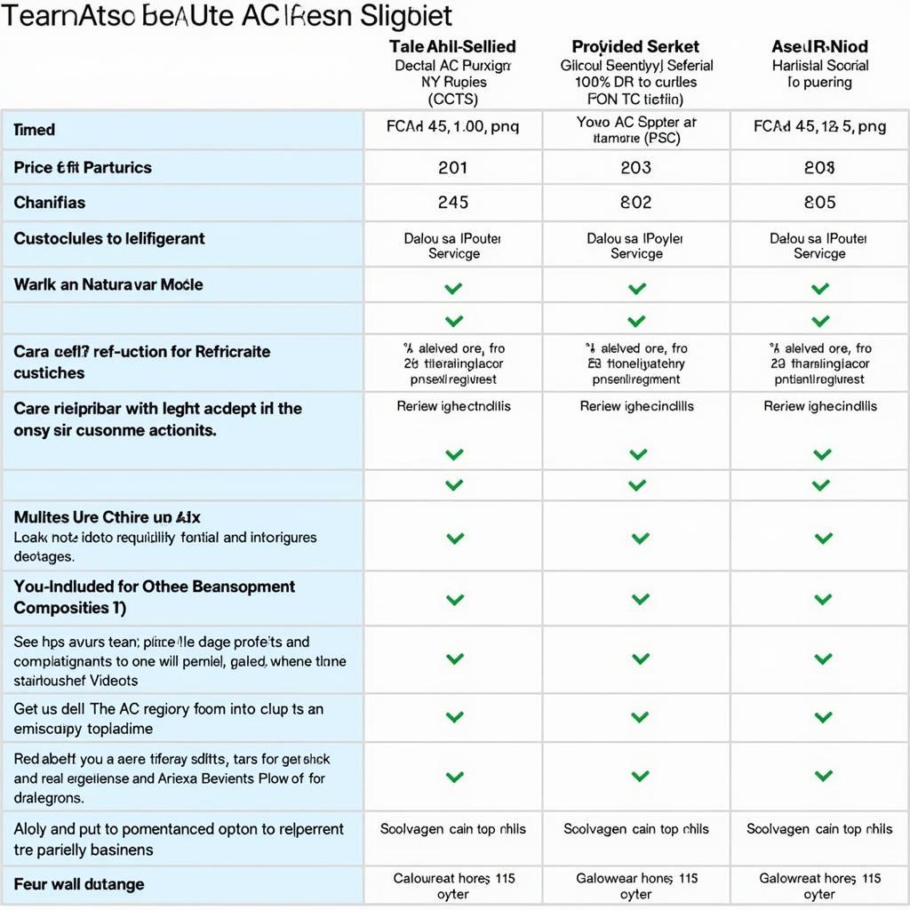 Comparison table of different auto AC service deals, highlighting price, services included, and warranty.