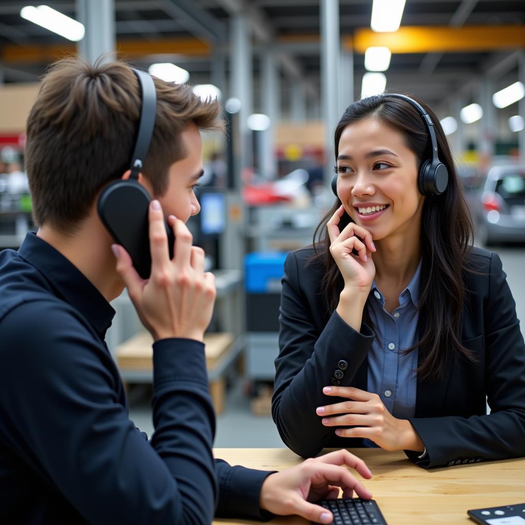 A person speaking with a customer service representative about auto parts.