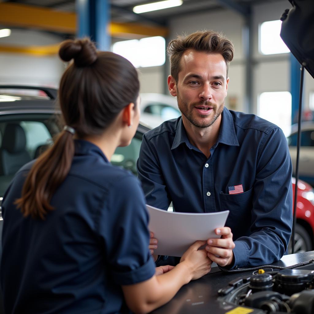 Customer consulting with a mechanic about car repairs