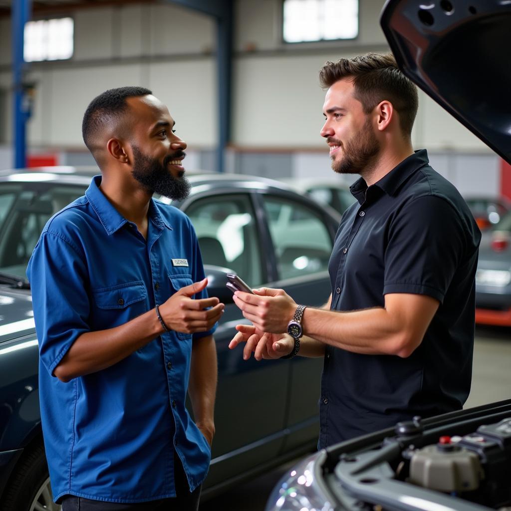 Customer Discussing Car Repair with Mechanic