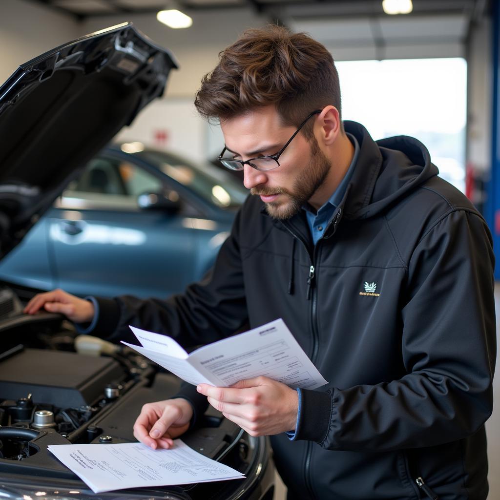 Customer Reviewing Invoice at Auto Service