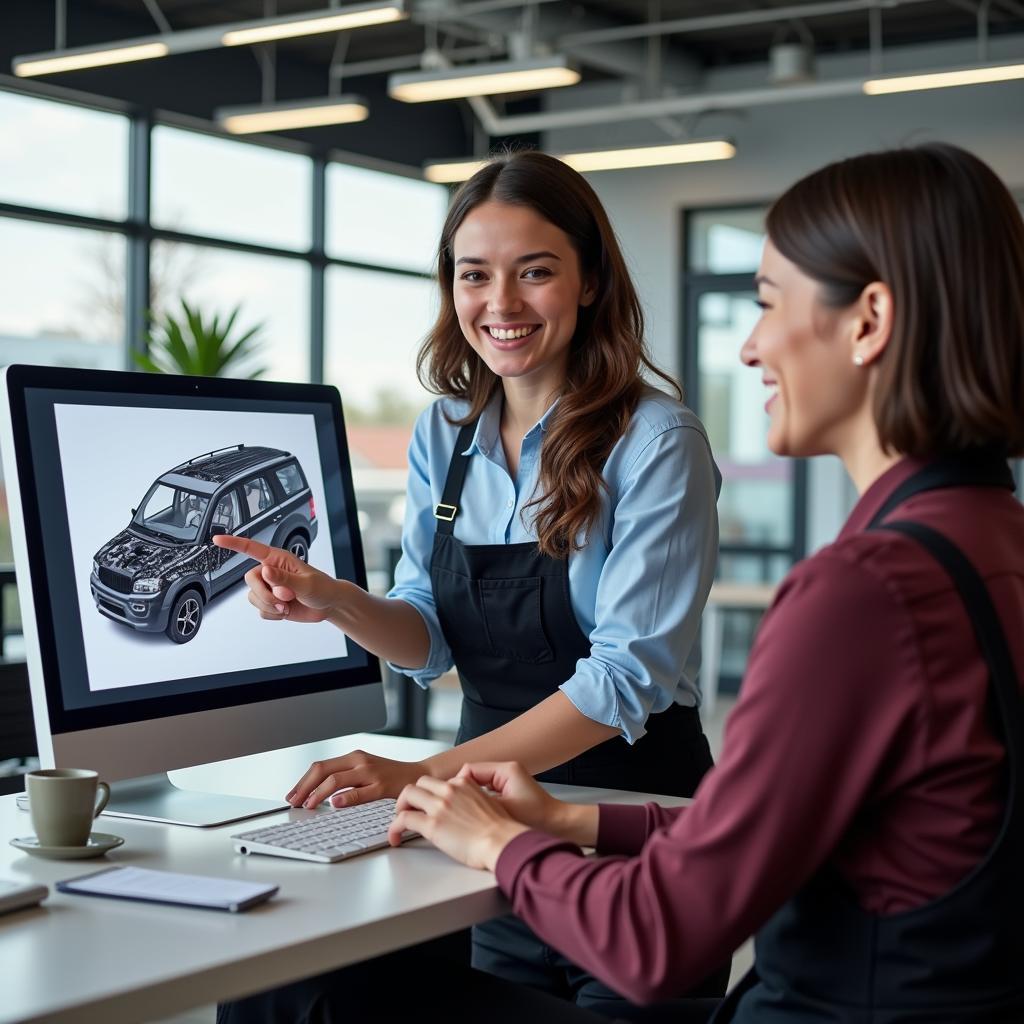 Customer Service Representative explaining car repair details to a client