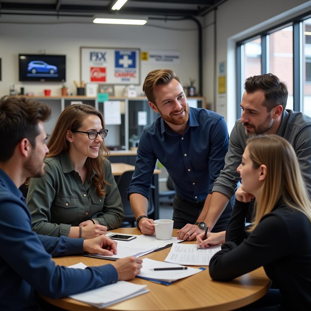 Customer Service Team Meeting in an Auto Repair Shop