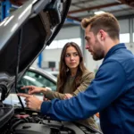 A customer and a mechanic discuss car repairs at a service center near Harpersville Road.