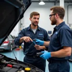 Customer discussing car repairs with a mechanic