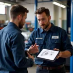 Customer discussing car repairs with a mechanic on Connecticut Ave