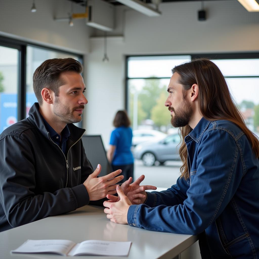 Customer discussing car repair options with a service advisor at a Newark auto service dealership