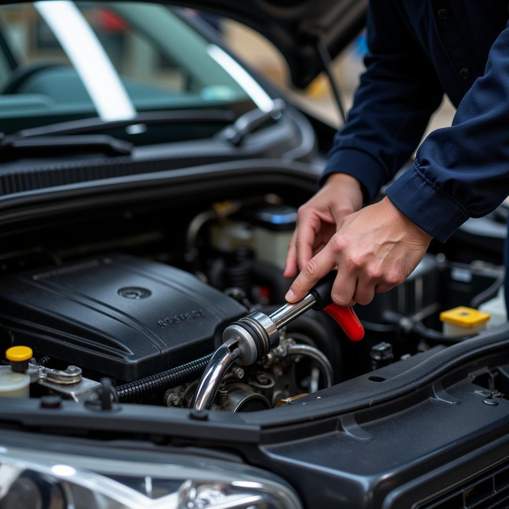 Mechanic performing engine repair at Denny Auto Services